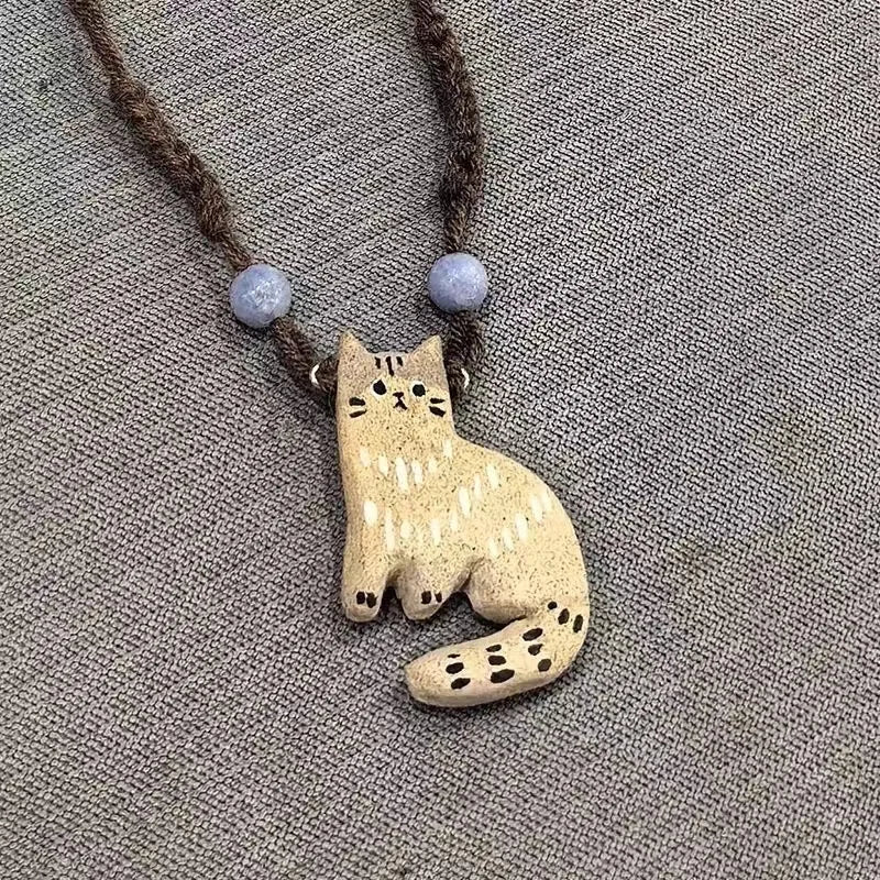 New Creative Cute Retro Cat Pendant Necklace For Women Retro Ethnic Style Kitten Star Beads Rope Chain Choker Party Jewelry Gift