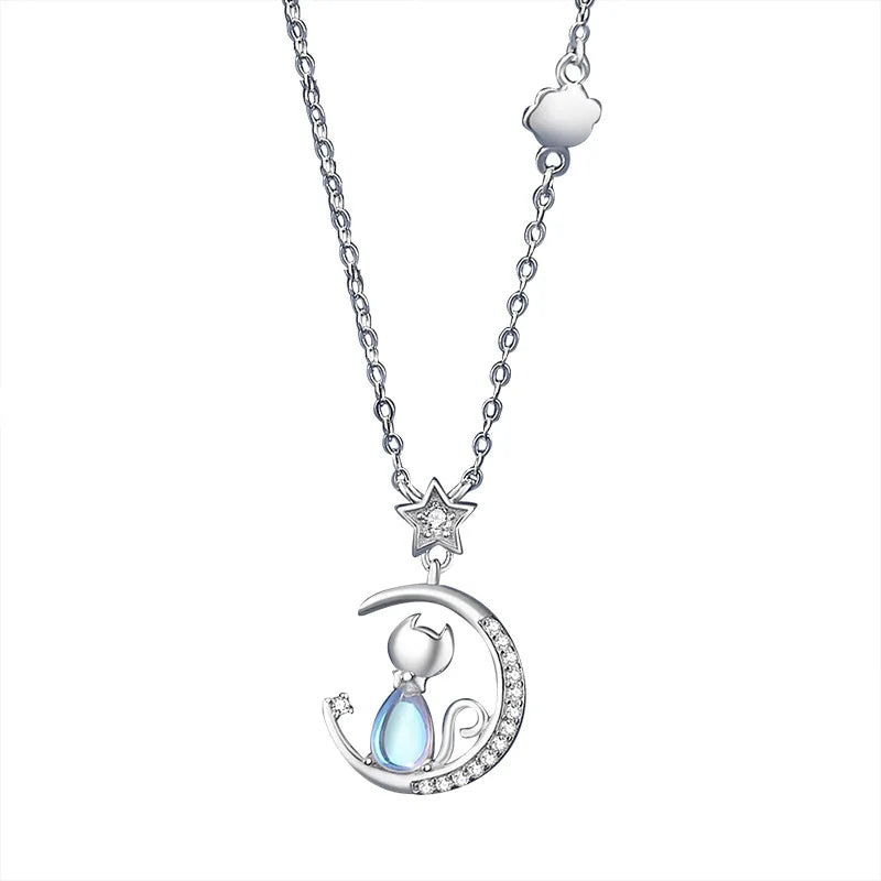 European Sparkling S925 Sterling silver Pave AAA CZ Cat Moon Pendant Necklace Clavicular Chain For Women Birthday Gift Jewelry