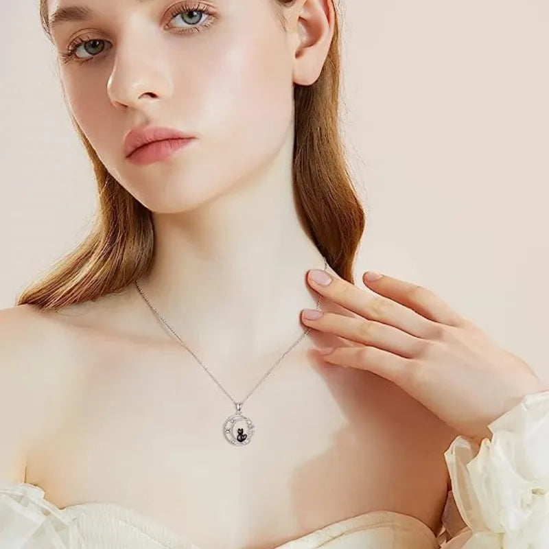 Creative Black Cat Crystal Moon Pendant Necklace For Women Cute Kitten Moonstone Choker Couple Y2K Jewelry Birthday Party Gift