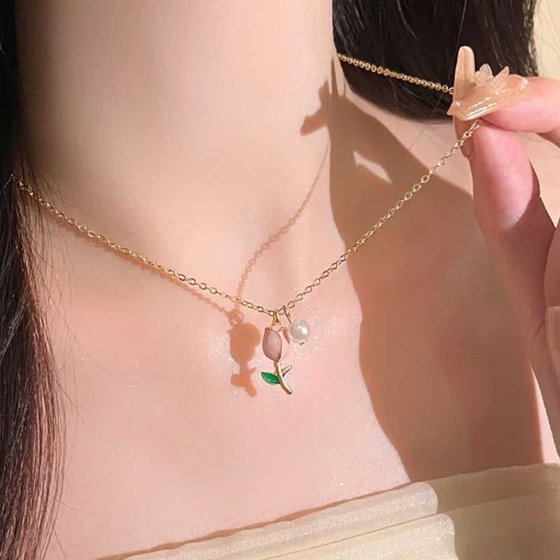 Trendy Fashion Pink Tulip Necklace Earrings Women's Set Temperament Party Sweet Simple Jewelry Set Accessories Gifts