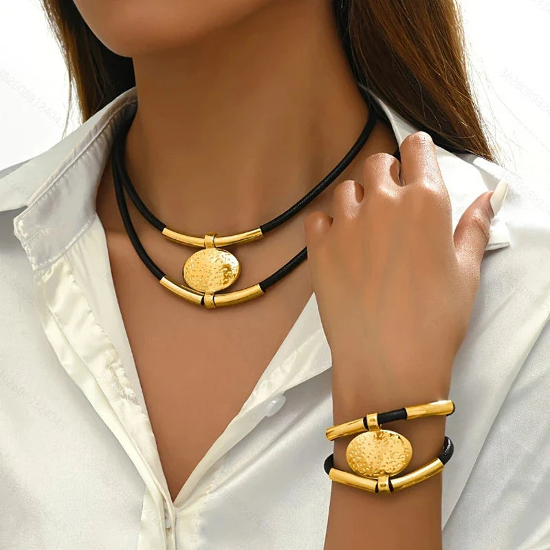 Fashion Oval Metal Necklace Bracelet Set For Women Vintage Gold Silver Color 2Pcs/Set Faux Leather Double Layered Chain Jewelry