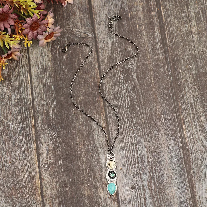 Western Style Women's Turquoise Stone Bar Pendant Necklace with Owl Fashionable Necklaces