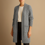 Women’s Cable Knit Long Cardigan – Open Front Design with Pockets